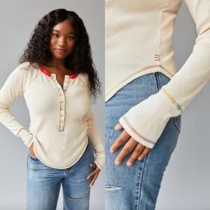 BDG Jadey Henley Waffle Thermal Button Snap Tan Red Size Medium